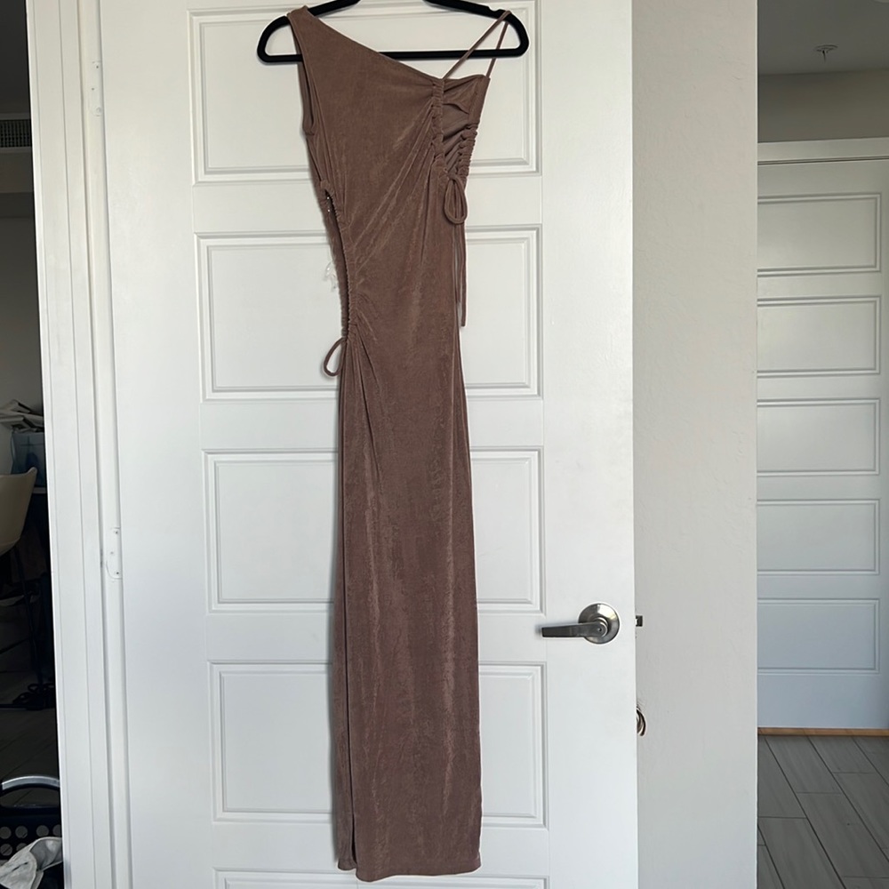 Rose gold, maxi dress, used it once as wedding guest.